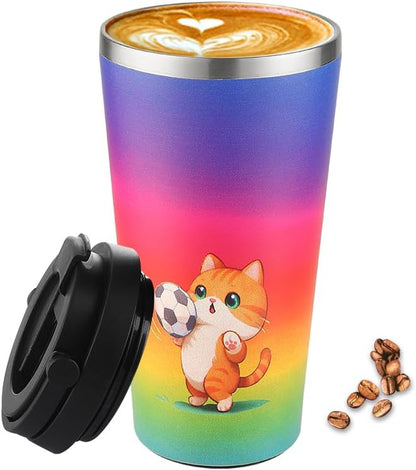 Funkrin Insulated Coffee Mug with Ceramic Coating, 16oz Iced Coffee Tumbler Cup with Flip Lid and Handle, Double Wall Vacuum Leak-Proof Travel Mug for Office School Party Camping