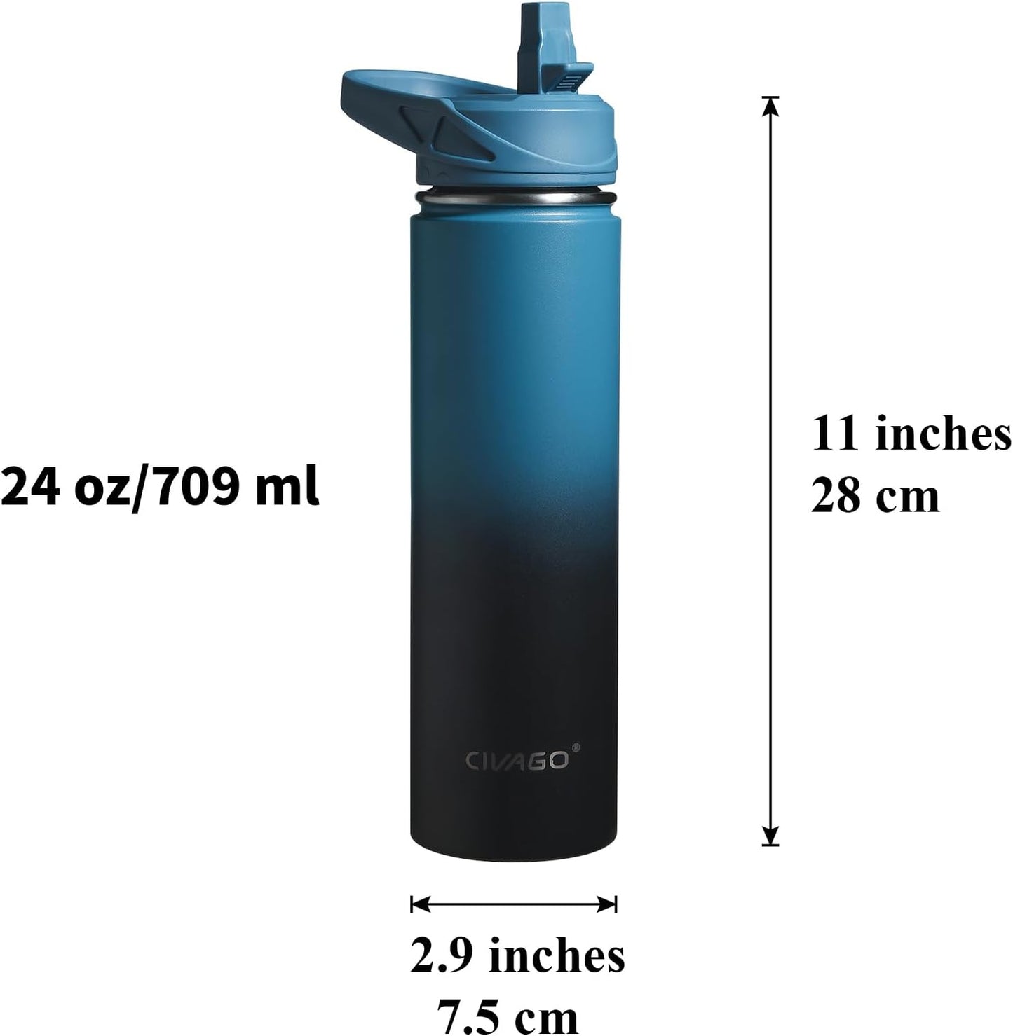 CIVAGO 32 oz Insulated Water Bottle With Straw, Stainless Steel Sports Water Cup Flask with 3 Lids (Straw, Spout and Handle Lid), Wide Mouth Travel Thermal Mug, Black