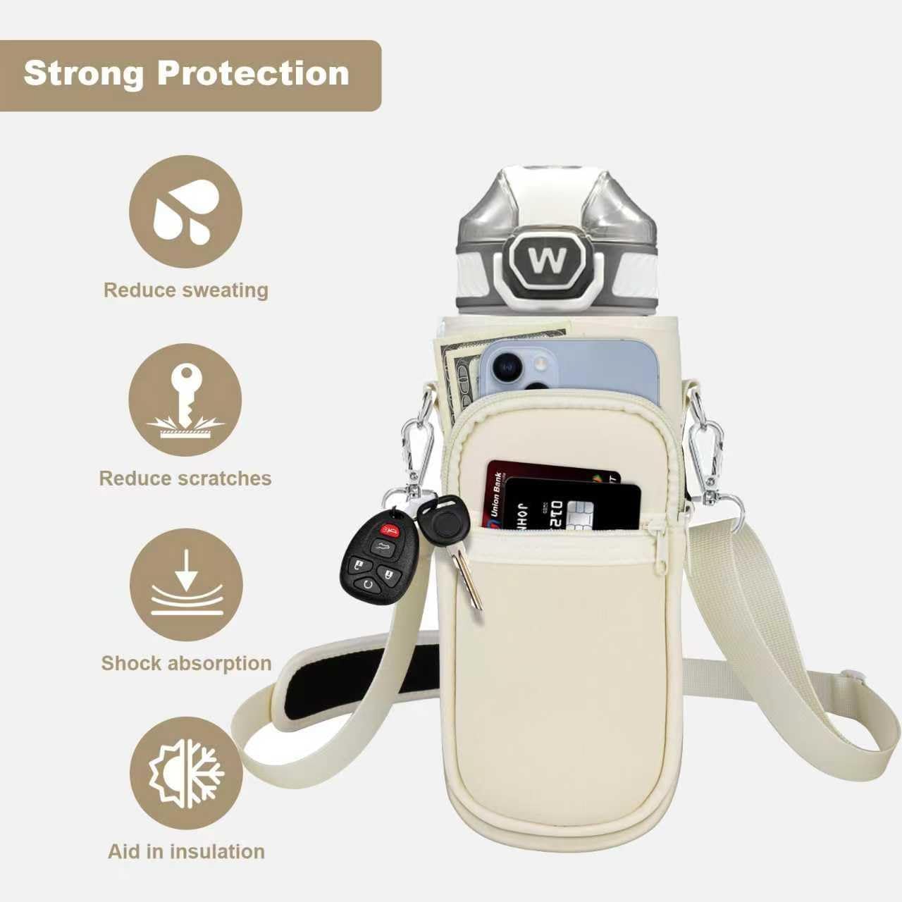 Water Bottle Holder with Strap, Insulated Crossbody Sling Bag, Carrier with Phone Pocket for Walking Hiking Camping Fishing