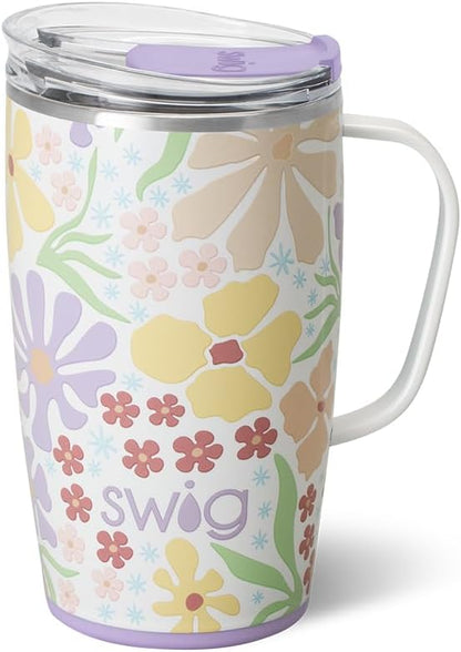 Swig Life 18oz Travel Mug, Insulated Tumbler with Handle and Lid, Cup Holder Friendly, Dishwasher Safe, Stainless Steel, Travel Coffee Cup (Honey Meadow)
