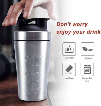VALESKA 20-Ounce Stainless Steel Protein Shaker Bottle With Wire Whisk - BPA Free, Leak-Proof, Dishwasher Safe, Perfect for Gym Workout