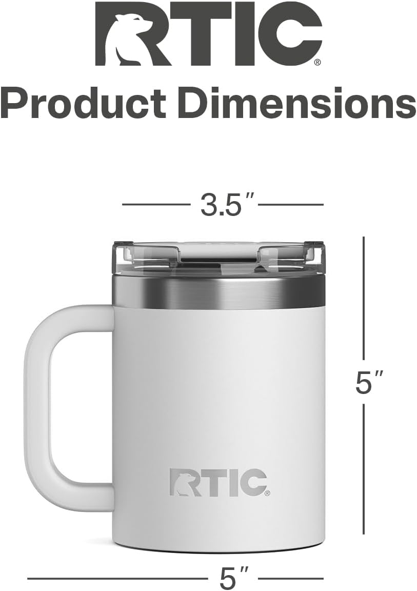 RTIC 12oz Essential Mug with Lid and Handle, Ceramic Lined, Insulated, Stainless Steel, Metal, Double Wall Vacuum-Insulation, Portable, Travel Cup for Hot and Cold Drink, Beach
