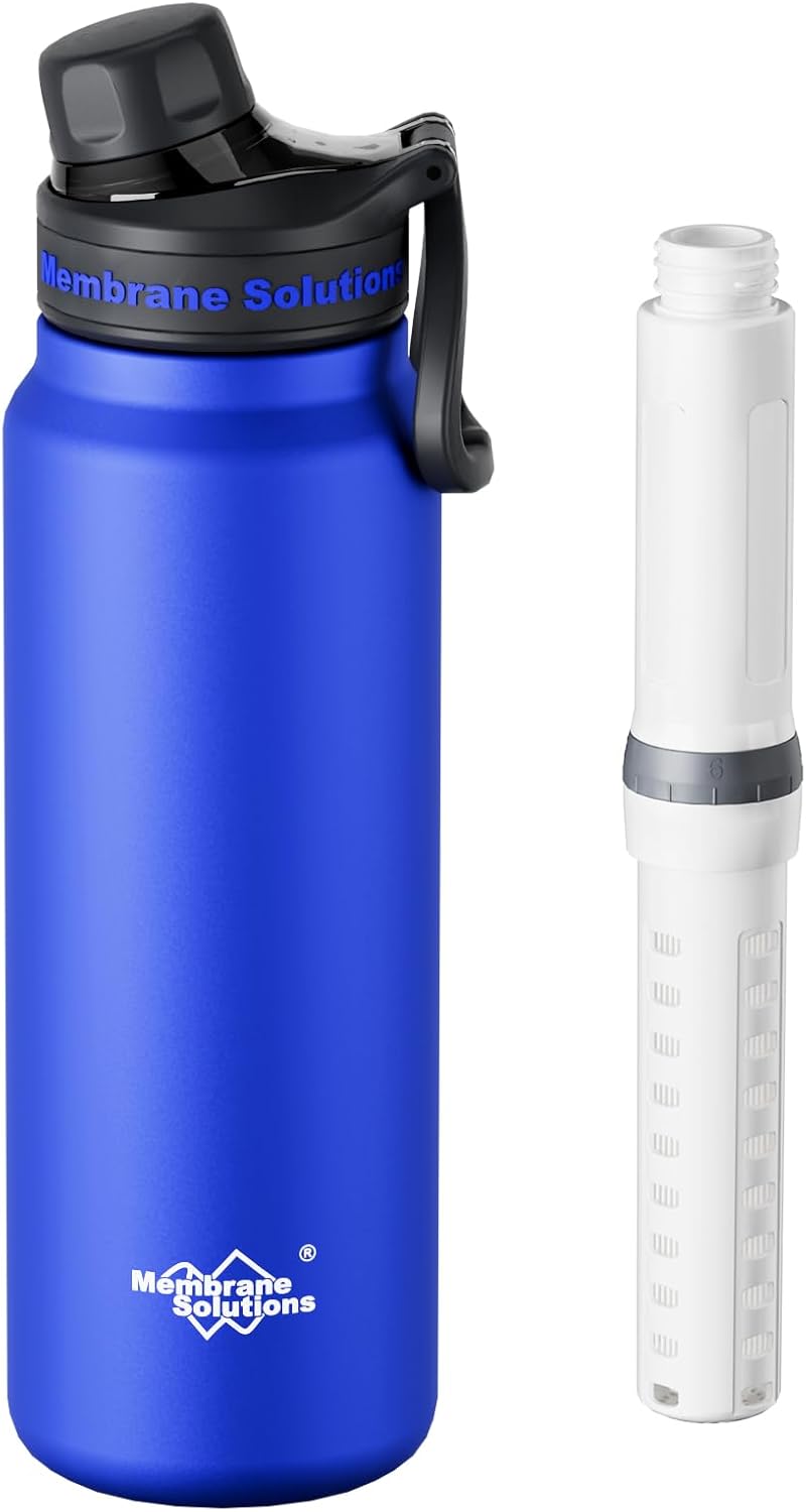 Membrane Solutions C3 Filtered Water Bottle, 32oz Stainless Steel Water Bottle with Replaceable UF+ACF Filter Cartridge, Portable Water Filter, Travel, Hiking & Camping for Drinking Water