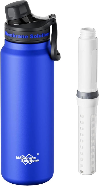 Membrane Solutions C3 Filtered Water Bottle, 32oz Stainless Steel Water Bottle with Replaceable UF+ACF Filter Cartridge, Portable Water Filter, Travel, Hiking & Camping for Drinking Water