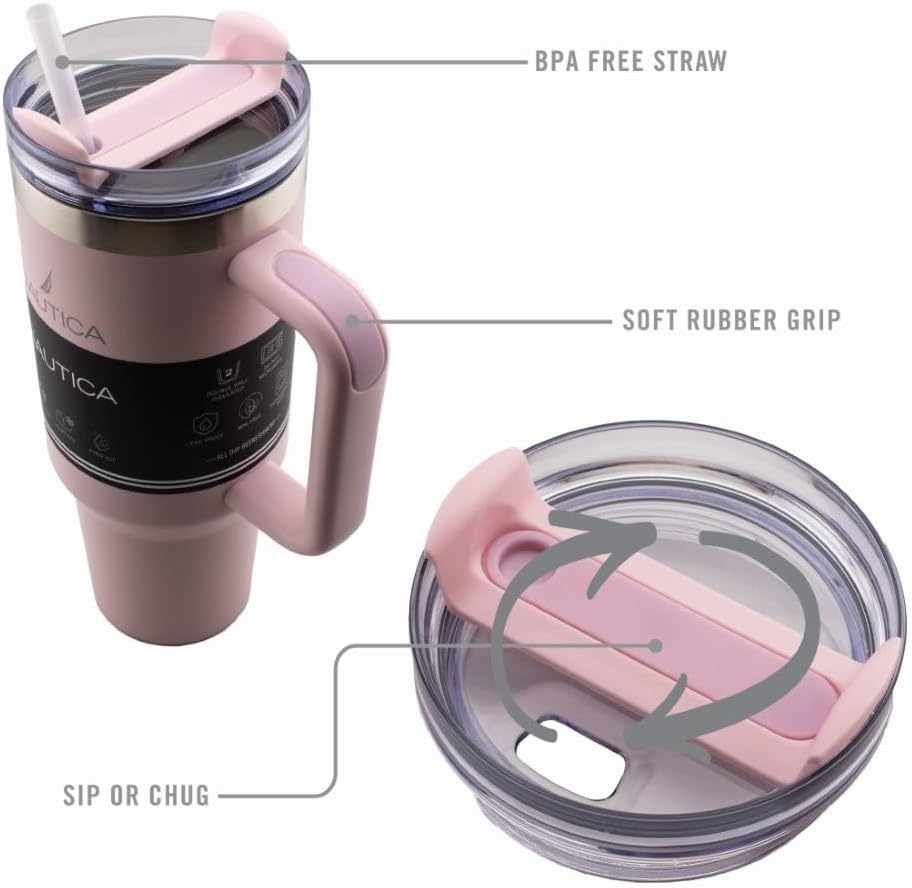 Nautica 40oz Insulated Tumbler with Handle and Straw, Stainless Steel Double Wall Vacuum Travel Mug, Leak-Resistant 3-Way Lid, Keeps Cold for 24 Hours, Fits Car Cup Holders (NAVY)