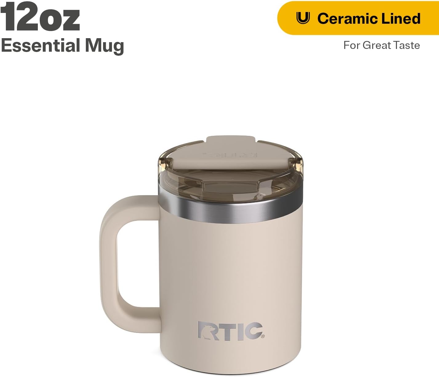 RTIC 12oz Essential Mug with Lid and Handle, Ceramic Lined, Insulated, Stainless Steel, Metal, Double Wall Vacuum-Insulation, Portable, Travel Cup for Hot and Cold Drink, Beach