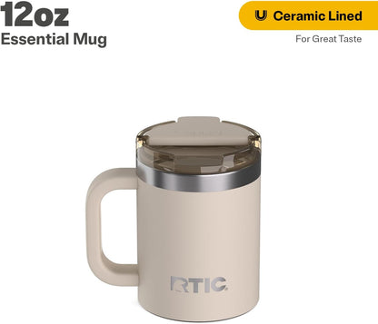 RTIC 12oz Essential Mug with Lid and Handle, Ceramic Lined, Insulated, Stainless Steel, Metal, Double Wall Vacuum-Insulation, Portable, Travel Cup for Hot and Cold Drink, Beach