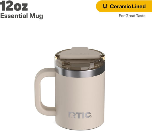 RTIC 12oz Essential Mug with Lid and Handle, Ceramic Lined, Insulated, Stainless Steel, Metal, Double Wall Vacuum-Insulation, Portable, Travel Cup for Hot and Cold Drink, Beach