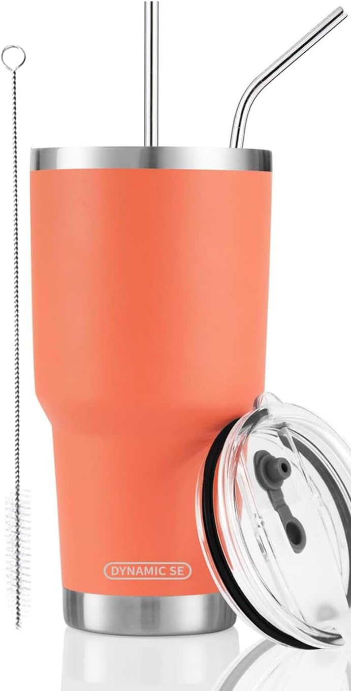 D·S 30oz Blue Tumbler Stainless Steel Double Wall Vacuum Insulated Mug with Straw and Lid, Cleaning Brush for Cold and Hot Beverages