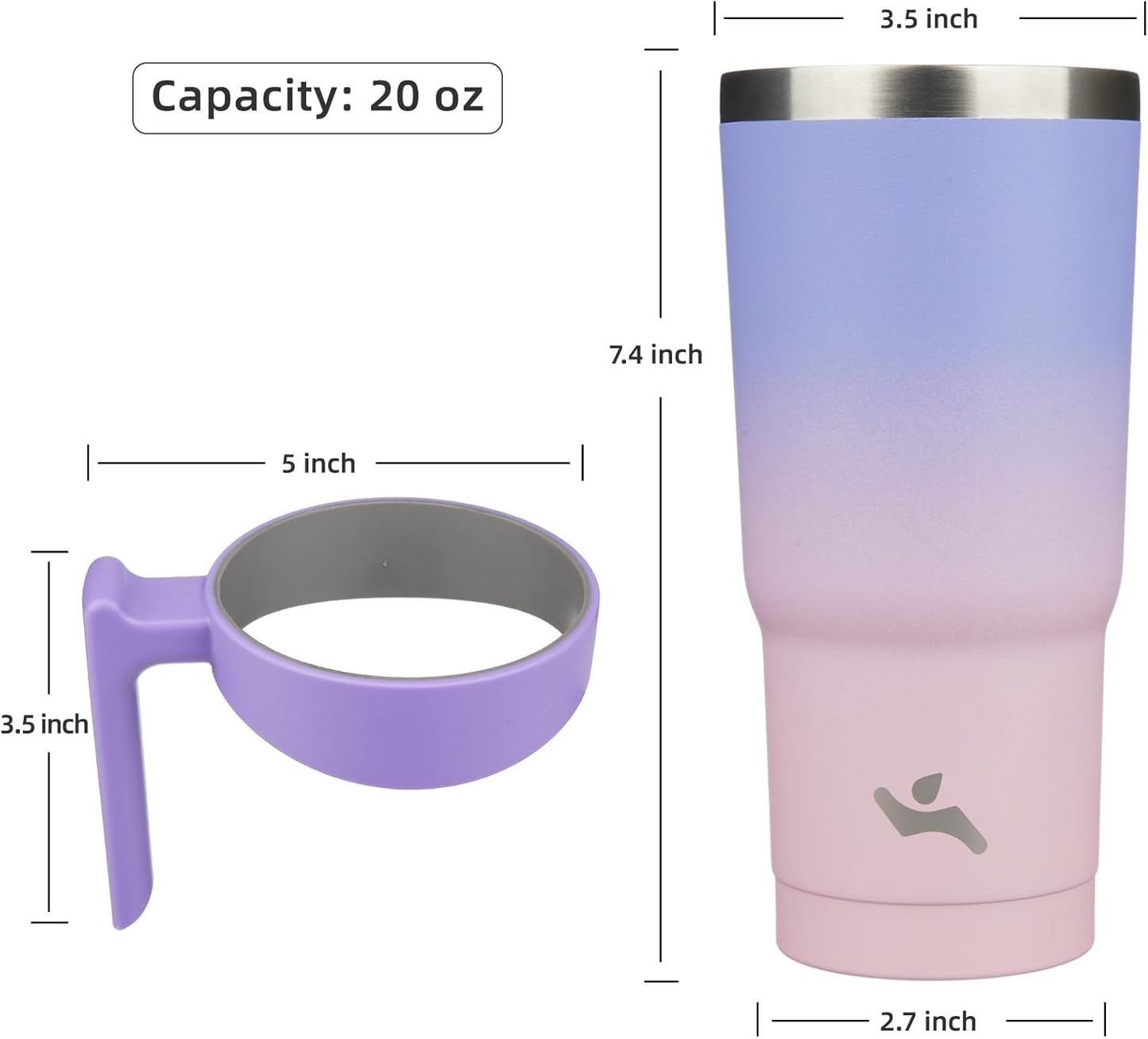 Konokyo 20 oz Tumbler with Handle and 2 Straw 2 Lid, Insulated Water Bottle Stainless Steel Vacuum Cup Reusable Travel Mug,Black
