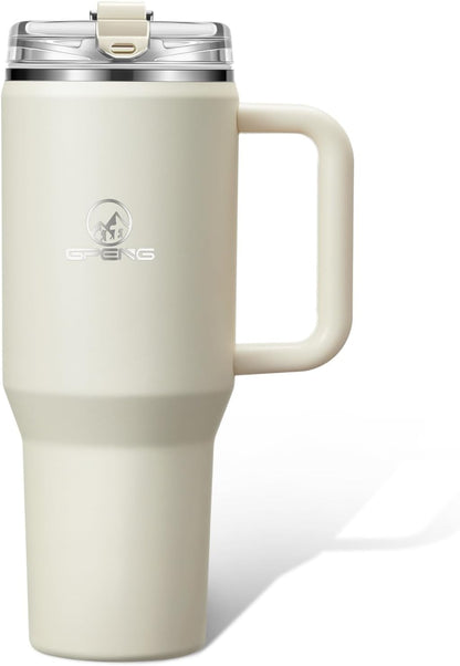 Gpeng 30/40/50 oz Tumbler with Handle, Water Bottles with Straw Lid, Insulated Stainless Steel Travel Mug Cup Holder Friendly, Keep Drinks Cold or Hot for Hours (LightGrey, 50 oz)