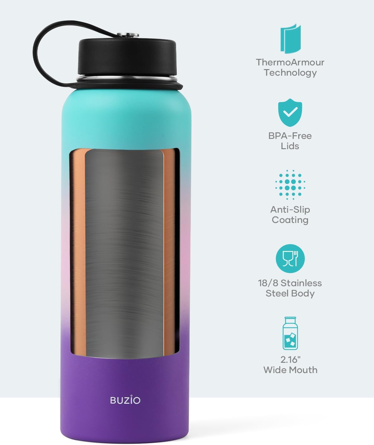 BUZIO 40oz Insulated Water Bottle, Triple Wall Vacuum Stainless Steel Water Flask with 2 lids, Lead-Free BPA-Free Straw Lid Sports Canteen Jug, Cold 48H & Hot 24H- Black - Colors B