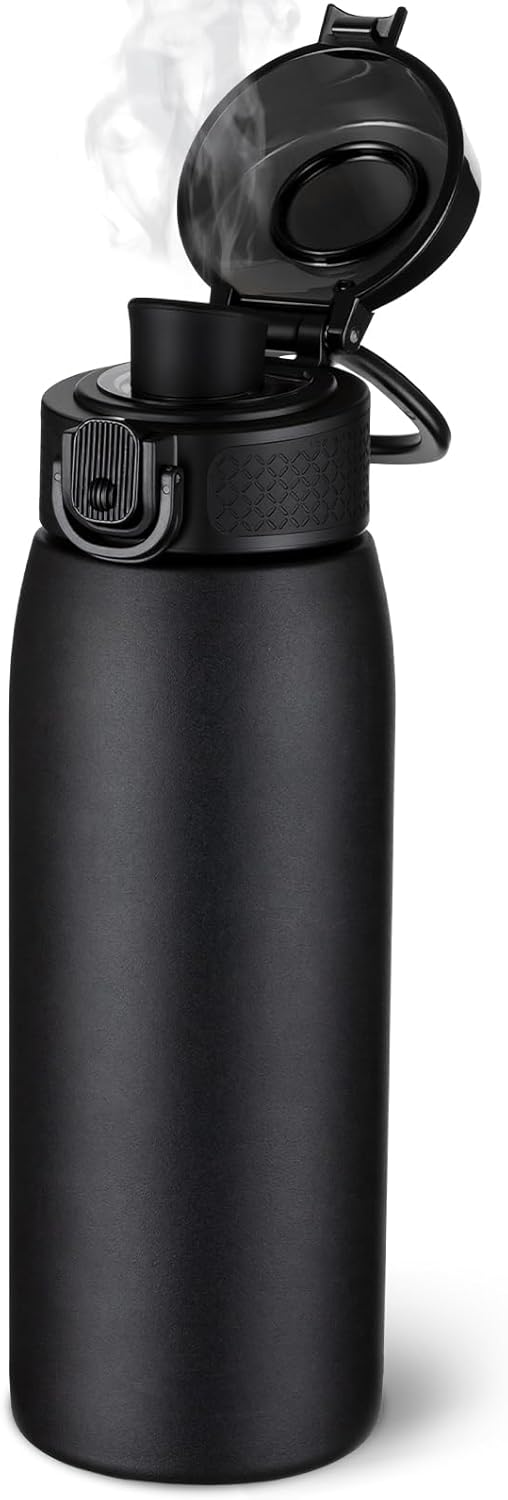 Insulated Water Bottle 24 oz with Dustproof Lid, Carry Handle & Tea Infuser, BPA-Free & Leakproof, Stainless Steel Water Bottles Ideal for Fitness, Hiking, Office & Outdoor Use (Black)