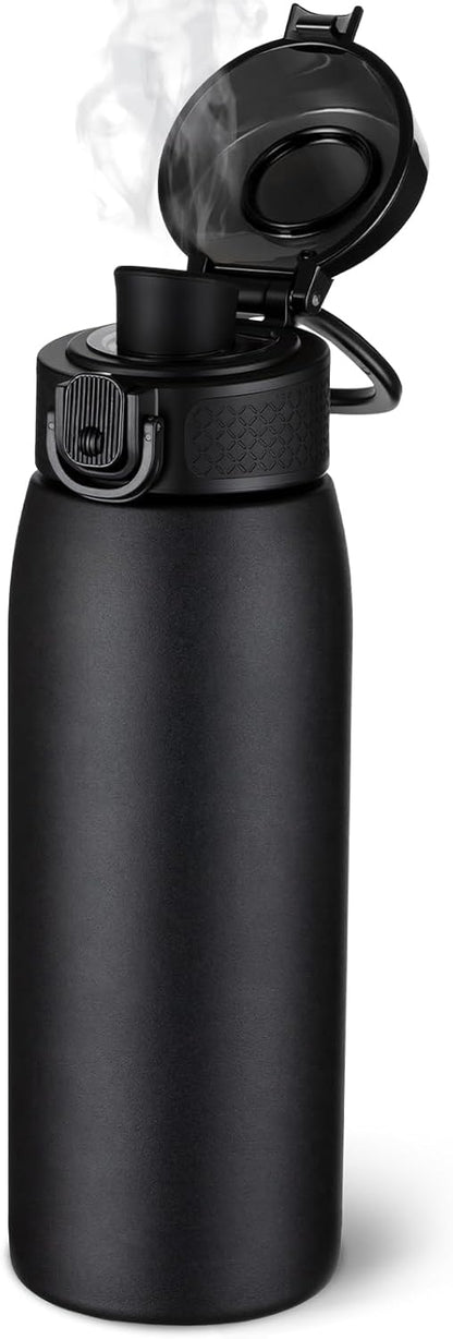 Insulated Water Bottle 24 oz with Dustproof Lid, Carry Handle & Tea Infuser, BPA-Free & Leakproof, Stainless Steel Water Bottles Ideal for Fitness, Hiking, Office & Outdoor Use (Black)