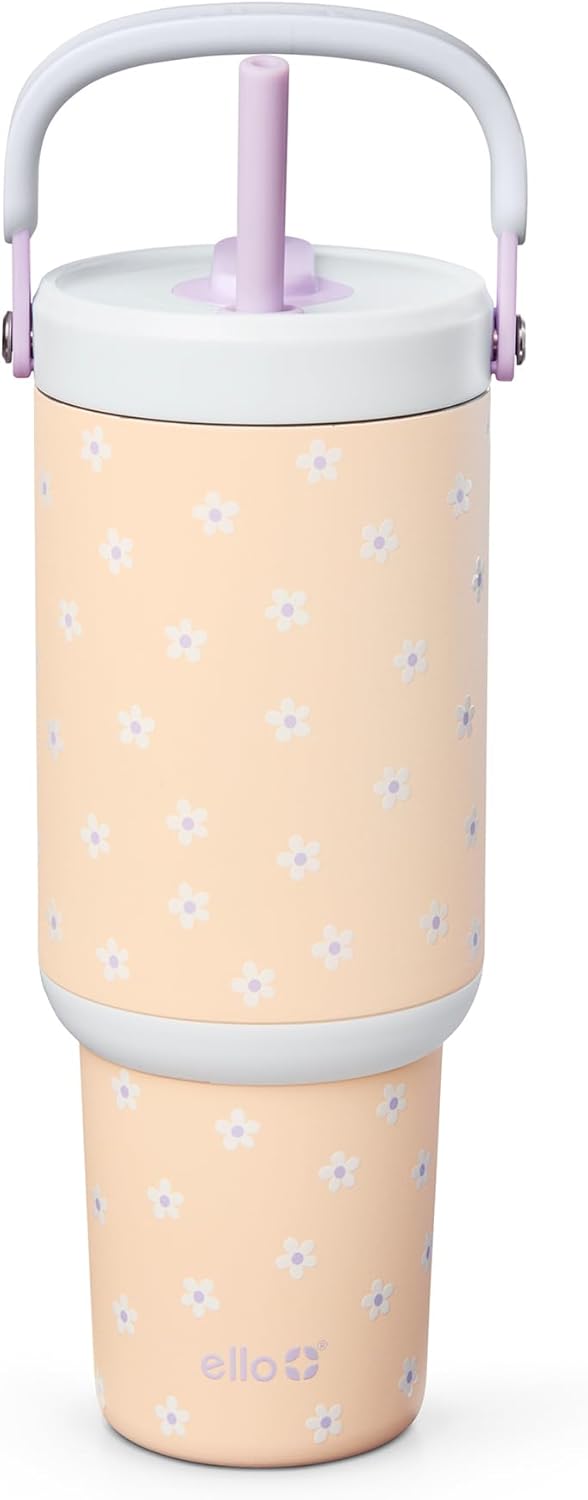 Ello Oasis Go+ 26oz Tumbler with Top Handle and Retracting Straw | Reusable Insulated Stainless Steel Cup, 100% Leakproof Water Bottle, 24 Hours Cold, Cup Holder Friendly For Travel | Wild Rasberry