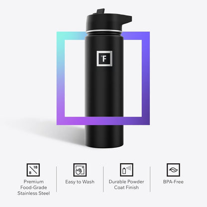 IRON °FLASK Camping & Hiking Hydration Flask with Straw, Wide Mouth Insulated Stainless Steel Sports Water Bottle - 40 oz Midnight Black