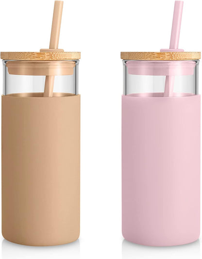 Tronco 20 oz Glass Tumbler with Lid and Straw, Iced Coffee Cup and Smoothie Cup with Bamboo Lids & Protective Silicone Sleeve, Dishwasher Safe, BPA-Free, Glass Cup 1 Pack - Colors A