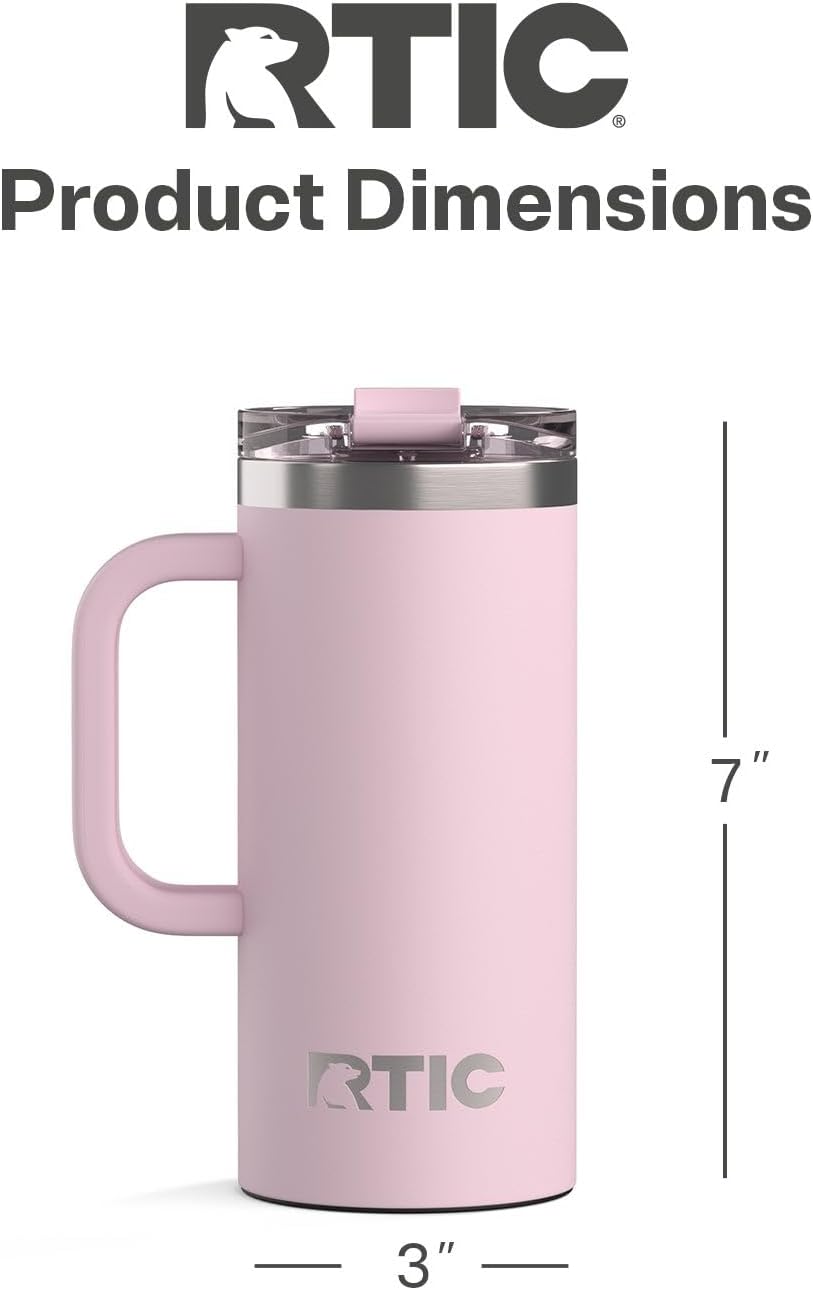 RTIC 20oz Road Trip Travel Mug with Lid and Handle, Ceramic Lined, Insulated, Stainless Steel, Metal, Double Wall Vacuum-Insulation, Portable Coffee, Tea Cup for Hot and Cold Drink, Black