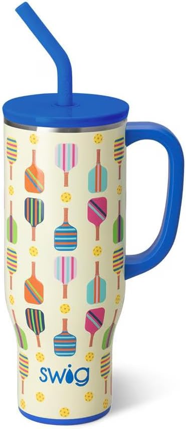 Swig Life 40oz Mega Mug, 40 oz Tumbler with Handle and Straw, Cup Holder Friendly, Dishwasher Safe, Extra Large Insulated Tumbler, Stainless Steel (Pickleball)