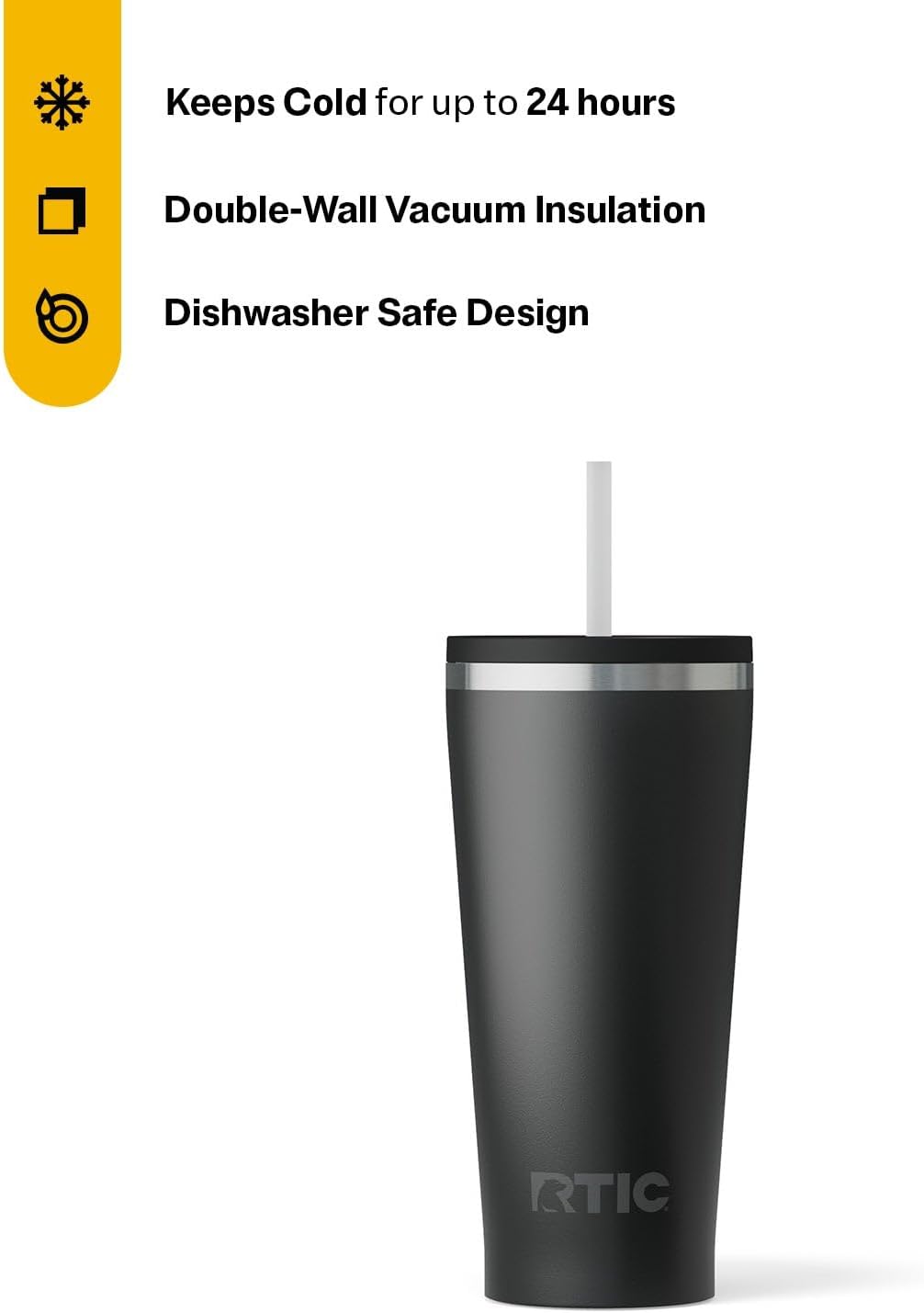 RTIC 20oz Everyday Tumbler Insulated Stainless Steel Portable Travel Coffee Cup with Straw, Ceramic Lining, Spill-Resistant Lid, BPA-Free, Hot and Cold Drink, Beach