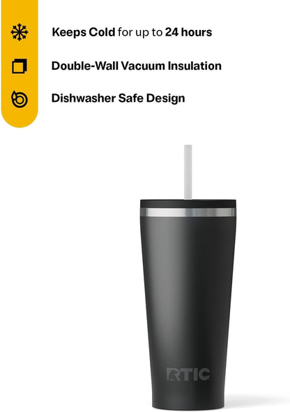 RTIC 20oz Everyday Tumbler Insulated Stainless Steel Portable Travel Coffee Cup with Straw, Ceramic Lining, Spill-Resistant Lid, BPA-Free, Hot and Cold Drink, Beach