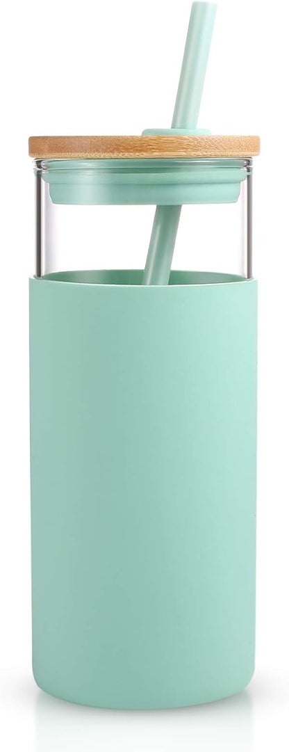 Tronco 20 oz Glass Tumbler with Lid and Straw, Iced Coffee Cup and Smoothie Cup with Bamboo Lids & Protective Silicone Sleeve, Dishwasher Safe, BPA-Free, Glass Cup 1 Pack - Colors A