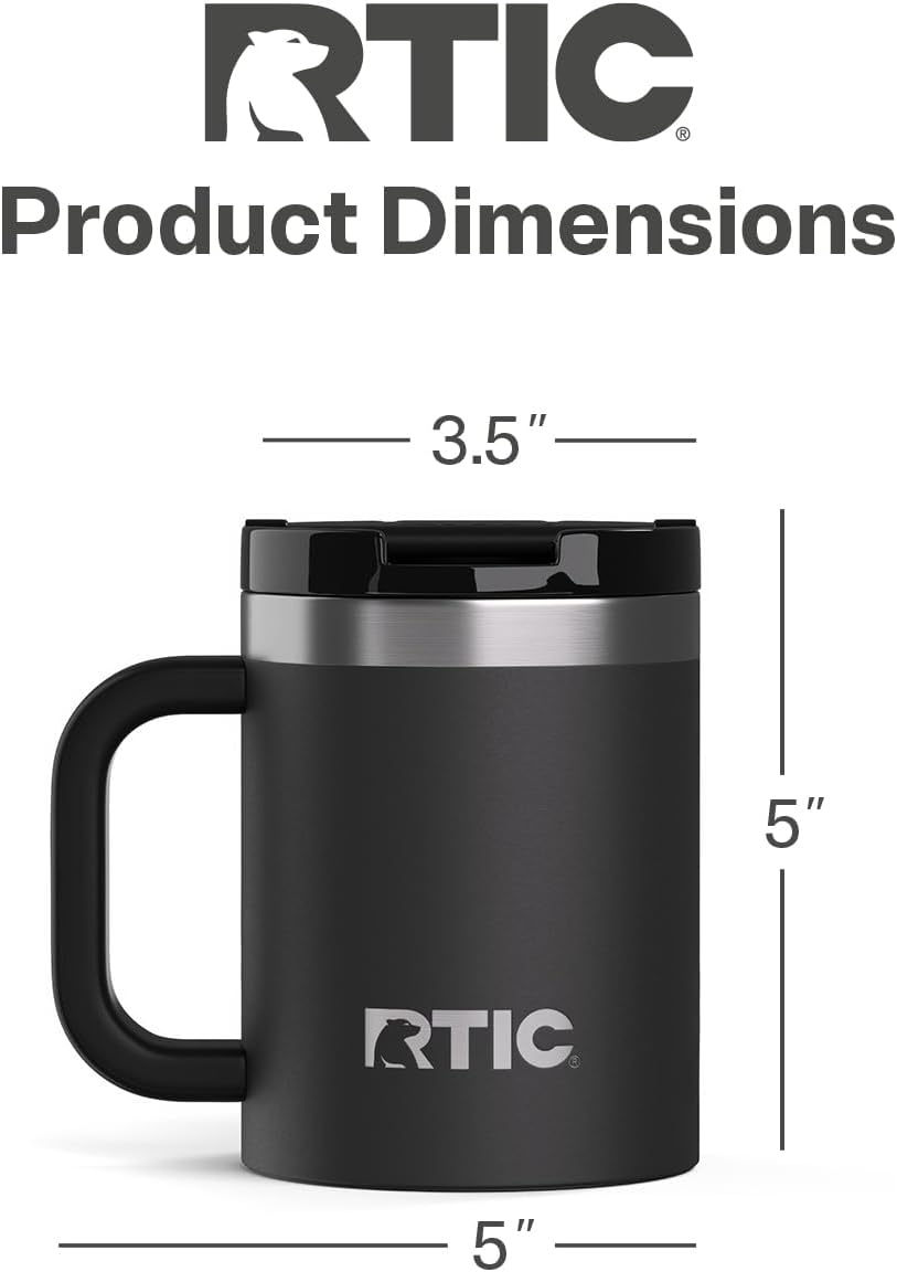 RTIC 12oz Essential Mug with Lid and Handle, Ceramic Lined, Insulated, Stainless Steel, Metal, Double Wall Vacuum-Insulation, Portable, Travel Cup for Hot and Cold Drink, Beach