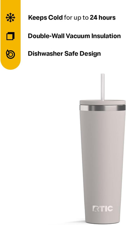 RTIC 20oz Everyday Tumbler Insulated Stainless Steel Portable Travel Coffee Cup with Straw, Ceramic Lining, Spill-Resistant Lid, BPA-Free, Hot and Cold Drink, Beach