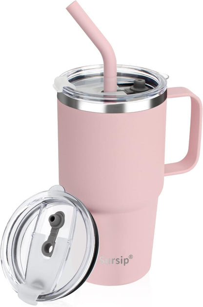 Sursip Insulated Coffee Mug with Handle and Lid, 24 oz Double Wall Vacuum Travel Thermal Coffee Tumbler with Straw for Home, Office Stainless Steel Coffee Cup - Leak proof, BPA Free (Black-1 Pack)