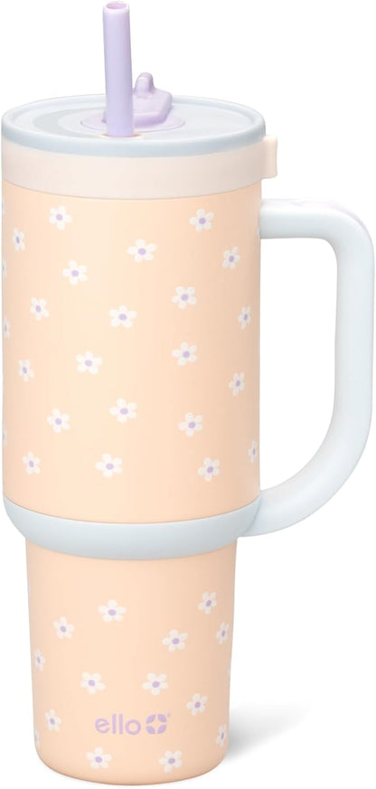 Ello Oasis 40 oz Tumbler with Handle & Retracting Straw | Reusable Insulated Stainless Steel Cup 100% Leakproof, Gifts for Teens Women Men | Keeps cold for 24 Hours, Cup Holder Friendly, Daisies