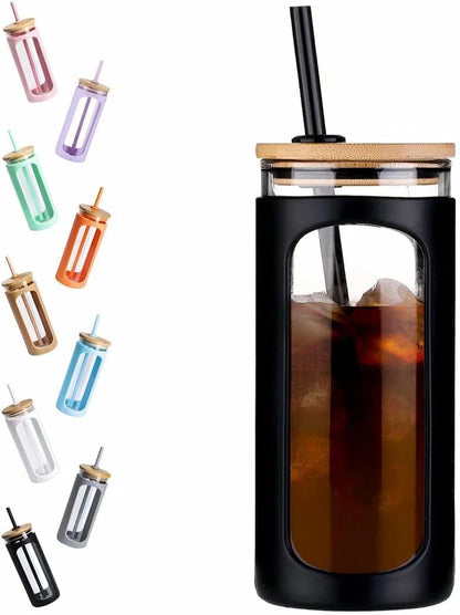 Kodrine 20oz Glass Water Tumbler with Straw and Lid, Bamboo Lids Water Bottle, Iced Coffee Cup Reusable, Wide Mouth Smoothie Cups with Protective Silicone Sleeve BPA FREE-Black - Colors B