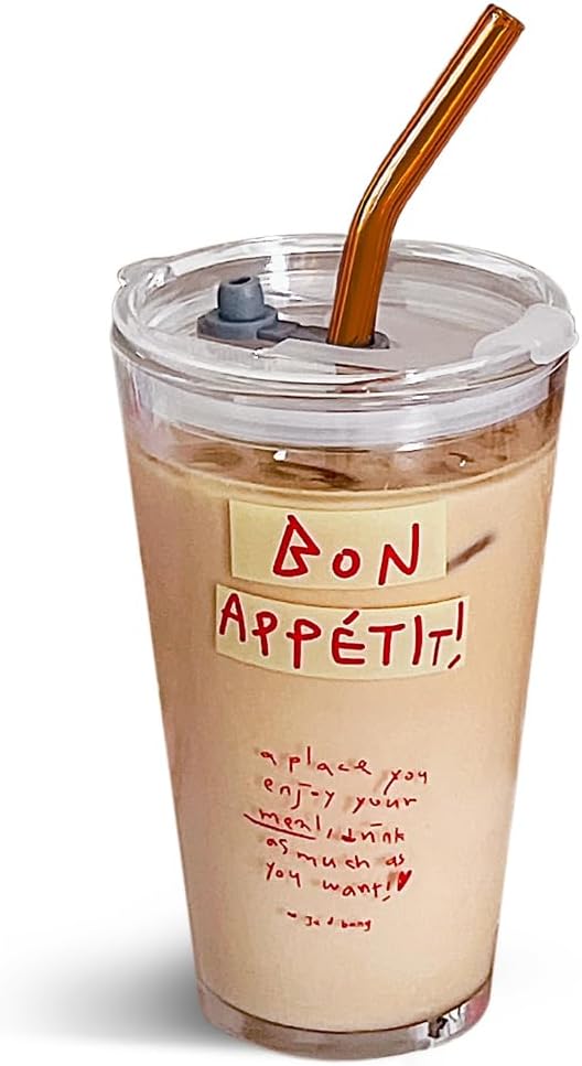 Olvini 15oz Glass Tumbler with Straw and Lid, Cute Iced Coffee Cups, Aesthetic Glass Cups, Coffee Tumbler, Water Cup, Matcha Cup, Drinking Glasses (Clear)