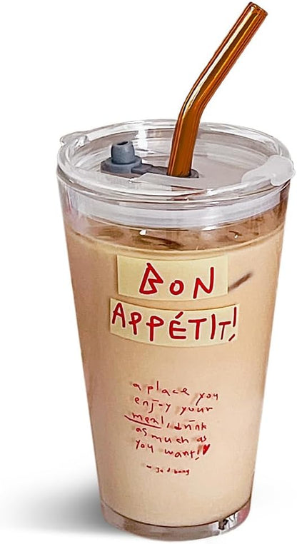 Olvini 15oz Glass Tumbler with Straw and Lid, Cute Iced Coffee Cups, Aesthetic Glass Cups, Coffee Tumbler, Water Cup, Matcha Cup, Drinking Glasses (Clear)