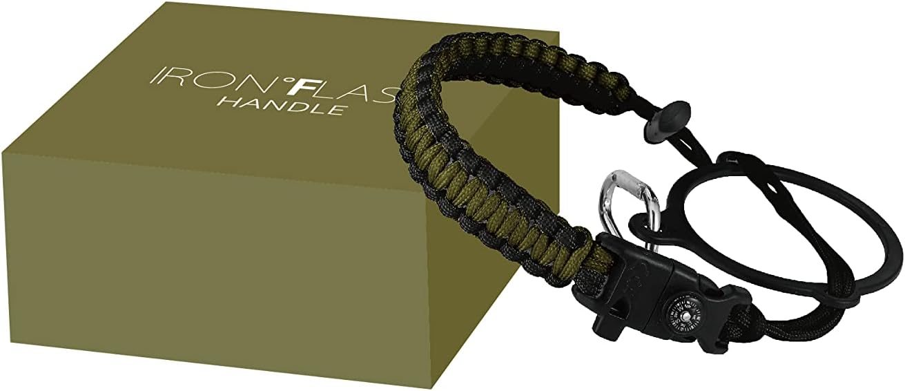 IRON °FLASK Paracord Handle - Fits Wide Mouth Water Bottles - Durable Carrier, Secure Accessories, Survival Strap Cord, Safety Ring, and Carabiner - Seven Core Paracord Bracelet