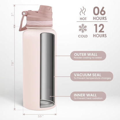 SANDJEST Pickleball Stainless Steel Water Bottle with Strap 32oz, Insulated Bottles with Straw and Spout Lid for Gym Sports Travel Outdoor, Gifts for Women Girls Birthday Christmas