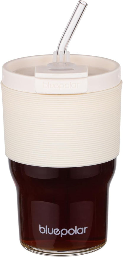BLUEPOLAR 16oz/480ml Iced Coffee Cups With Lids And Straws,Reusable Leakproof Glass Tumbler,Water Bottles,Cold Brew,Drinking Jars For Juicing,Matcha,Tea,Smoothie For Travel,Office (Off-White)