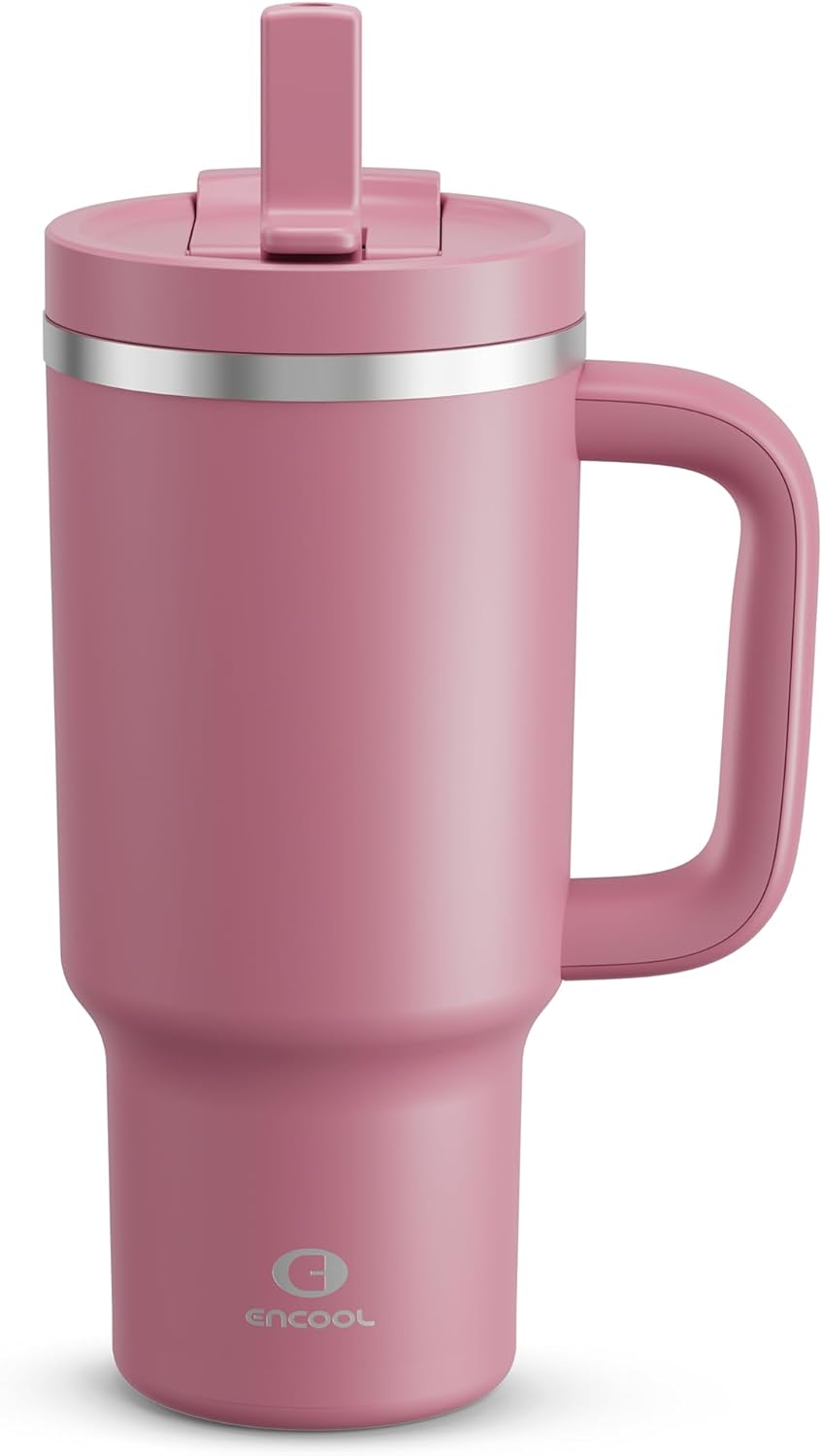 40 oz Tumbler with Handle and Straw: Stainless Steel Insulated Tumbler Keeps Cold for 24 Hours, Leakproof Travel Cup Fits in Cup Holder and BPA-Free, Cotton Candy