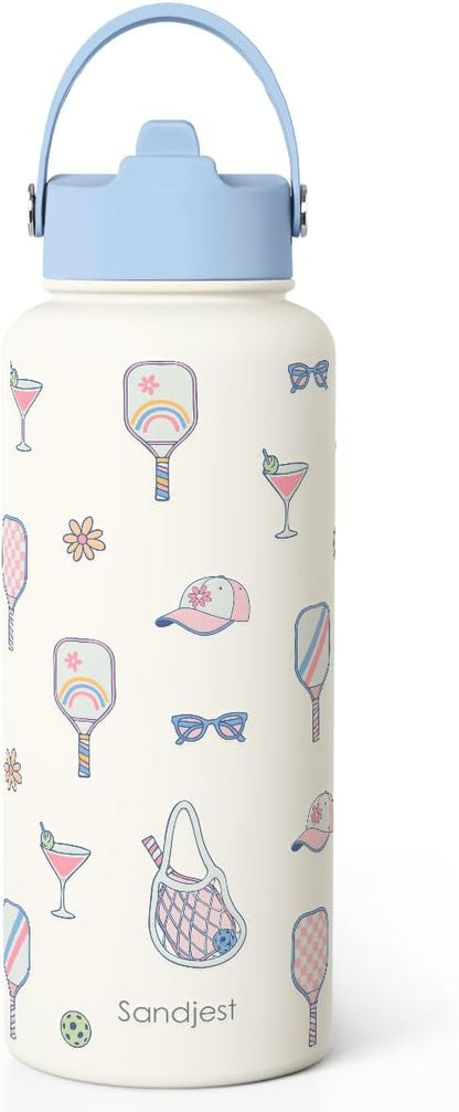 SANDJEST Pickleball Gift for Women, Water Bottle Stainless Steel 32oz with Lid & Straw, Sport Insulated Bottles Gifts for Girls Friends Teens Birthday Christmas