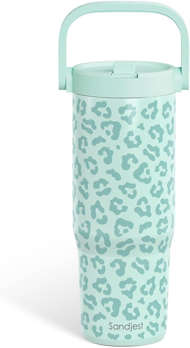 SANDJEST Leopard Skin Stainless Steel Straw Lid Tumbler 30oz with Carry Handle for Women Girls, Insulated Travel Coffee Cup, Gift for Sports Outdoor Workout Christmas Birthday (Beige)