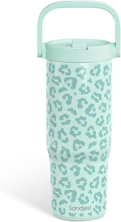 SANDJEST Leopard Skin Stainless Steel Straw Lid Tumbler 30oz with Carry Handle for Women Girls, Insulated Travel Coffee Cup, Gift for Sports Outdoor Workout Christmas Birthday (Beige)