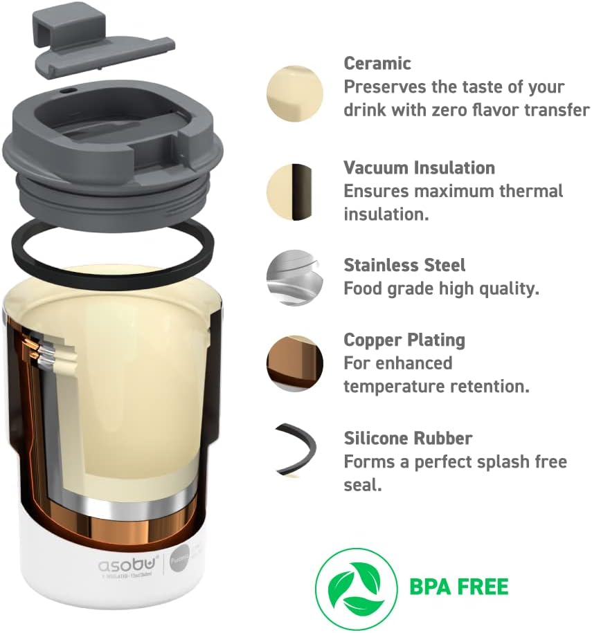 asobu Ultimate Ceramic Travel Mug, 12oz Insulated Stainless Steel Coffee Cup with Handle & Splash-Resistant Lid, Ceramic Lined for Pure Taste, BPA-Free, Double-Wall Vacuum for Hot Drinks