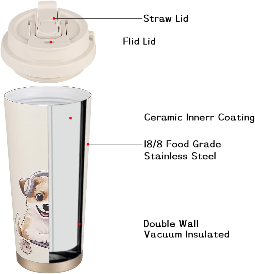 Funkrin Coffee Travel Mug with Straw & Flip Lid, 16oz Insulated Tumbler Cup with Ceramic Coating, Double Wall Vacuum Leak-Proof Mug for Office School Party Camping