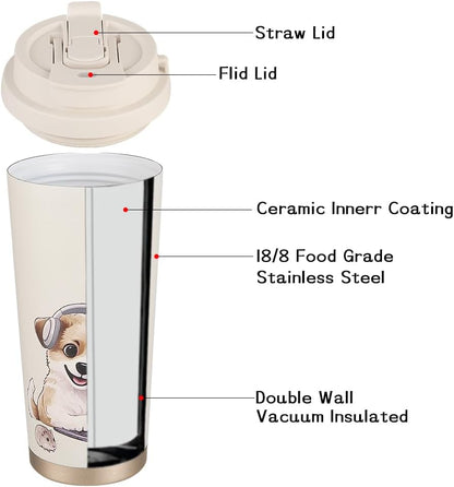 Funkrin Coffee Travel Mug with Straw & Flip Lid, 16oz Insulated Tumbler Cup with Ceramic Coating, Double Wall Vacuum Leak-Proof Mug for Office School Party Camping