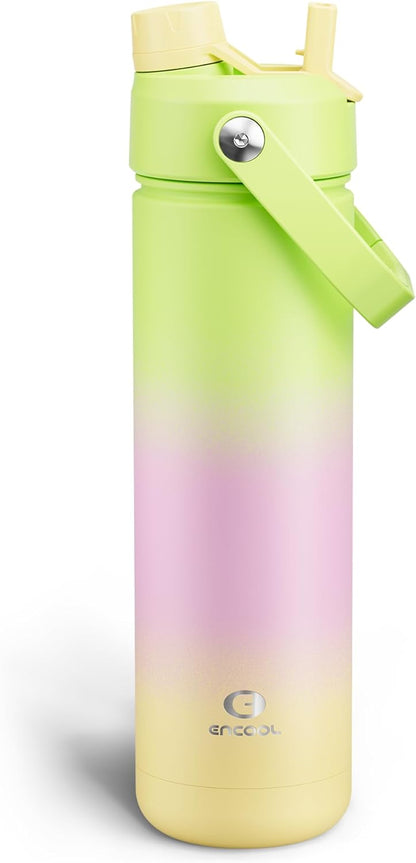 ENCOOL Insulated Water Bottle with Straw Stainless Steel Water Bottle, Leak-Proof, BPA-Free, Double Wall Vacuum Keeps Cold for 24 Hours for Sports, Travel, School (26 oz, Cotton Candy) - Colors C