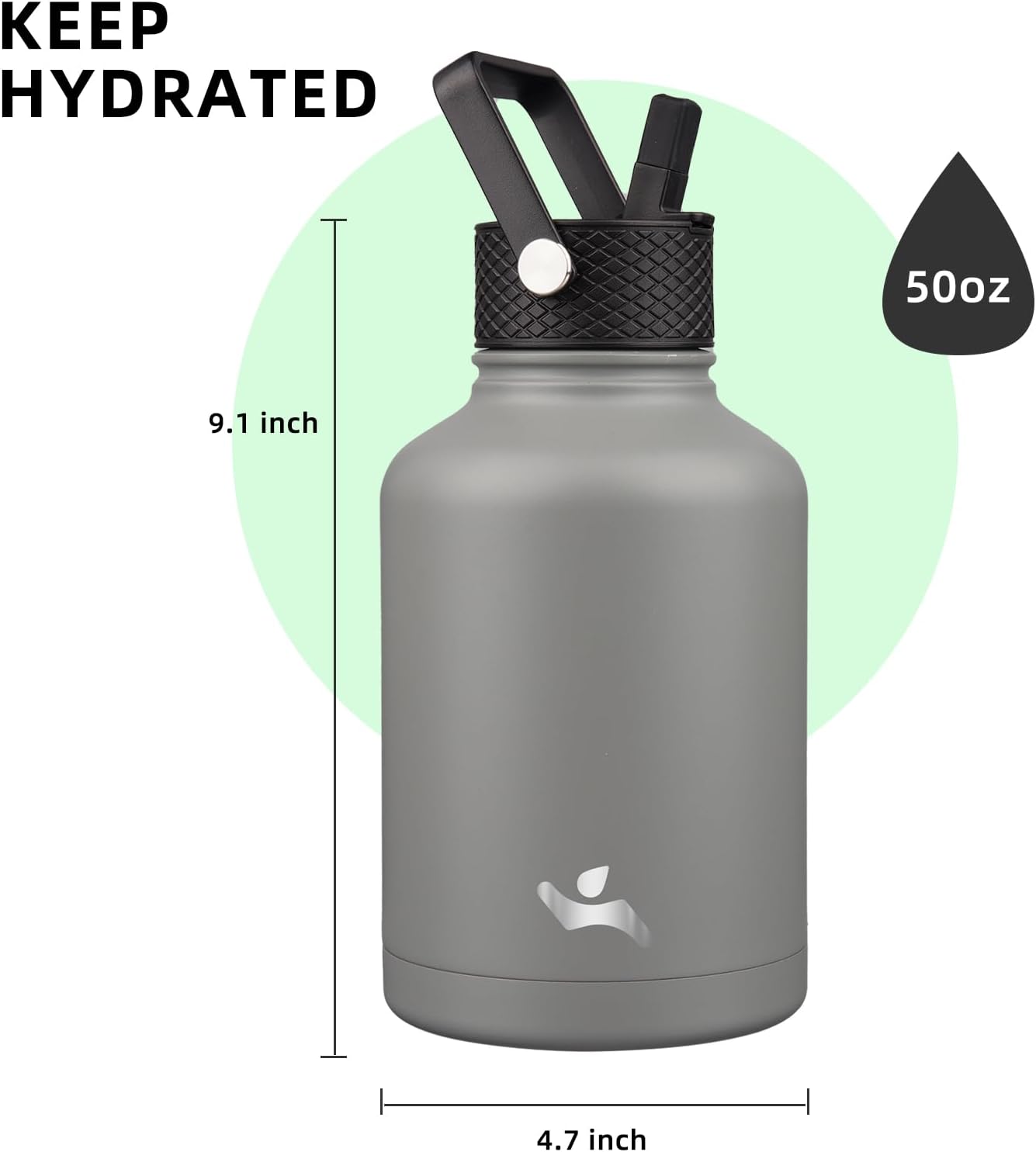 Konokyo 22oz Stainless Steel Bottles with 3 Lids Sport Insulated Water Bottle,Mint