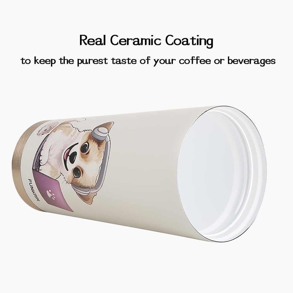 Funkrin Coffee Travel Mug with Straw & Flip Lid, 16oz Insulated Tumbler Cup with Ceramic Coating, Double Wall Vacuum Leak-Proof Mug for Office School Party Camping