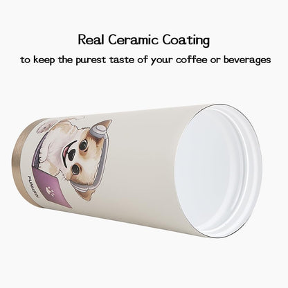 Funkrin Coffee Travel Mug with Straw & Flip Lid, 16oz Insulated Tumbler Cup with Ceramic Coating, Double Wall Vacuum Leak-Proof Mug for Office School Party Camping