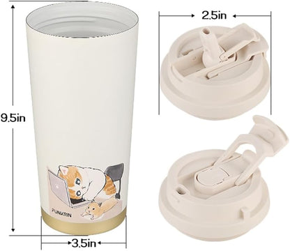 Funkrin Coffee Travel Mug with Straw & Flip Lid, 16oz Insulated Tumbler Cup with Ceramic Coating, Double Wall Vacuum Leak-Proof Mug for Office School Party Camping