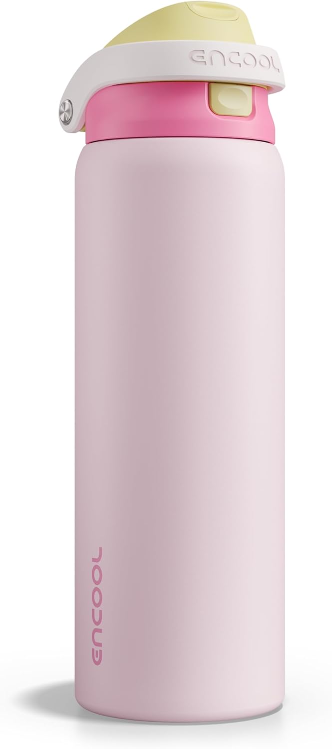 ENCOOL Leakproof Insulated Water Bottle with Straw Dual-Sip Water Bottle Bag-Safe Design for Work, Commute & Gym – Keeps Drinks Cold All Day, 24 oz, Lemonade Pink - Colors A