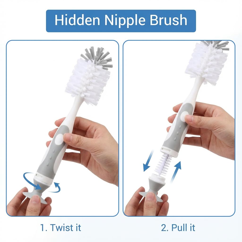 Ariseno 5-in-1 Baby Bottle Cleaner Set, Including Nylon & Silicone Bottle Brush, Cap, Straw & Nipple Brushes, BPA-Free (Grey)